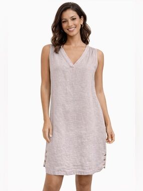 Lagenlook Minimalist Linen Dress | Sleeveless V-Neck Lilac Lavender Shift | XL